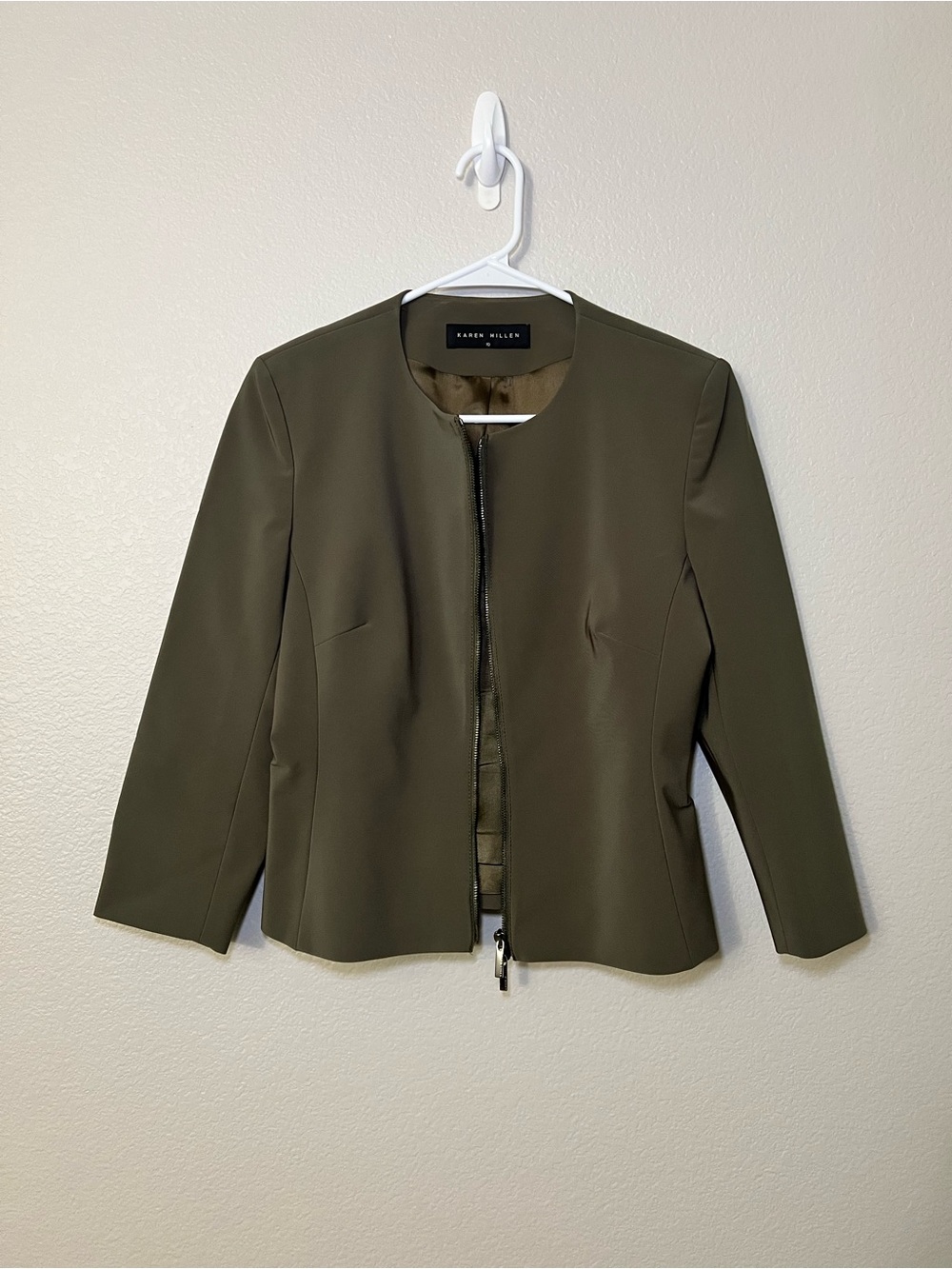 Karen Millen Cropped Blazer Womens 10 Olive Green Zip Front & Back Detail Jacket
